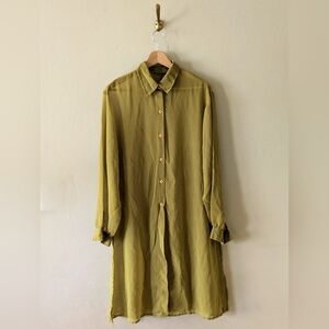 Chartreuse Olive Green Sheer Button-Up Long Side-Slit Tunic Collared Top
